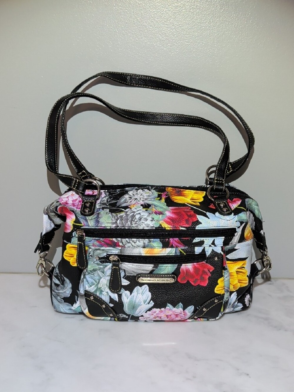 Stone Mountain USA Black Floral Shoulder Bag with Multicolor Floral Print